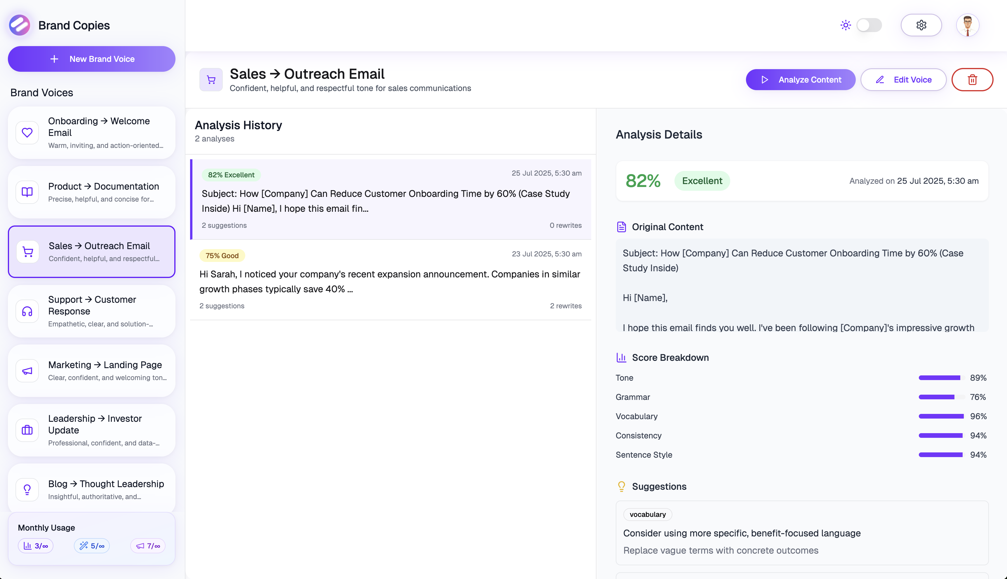 Screenshot of BrandCopies showing brand voice analysis and rewrite suggestions for AI-generated marketing content.